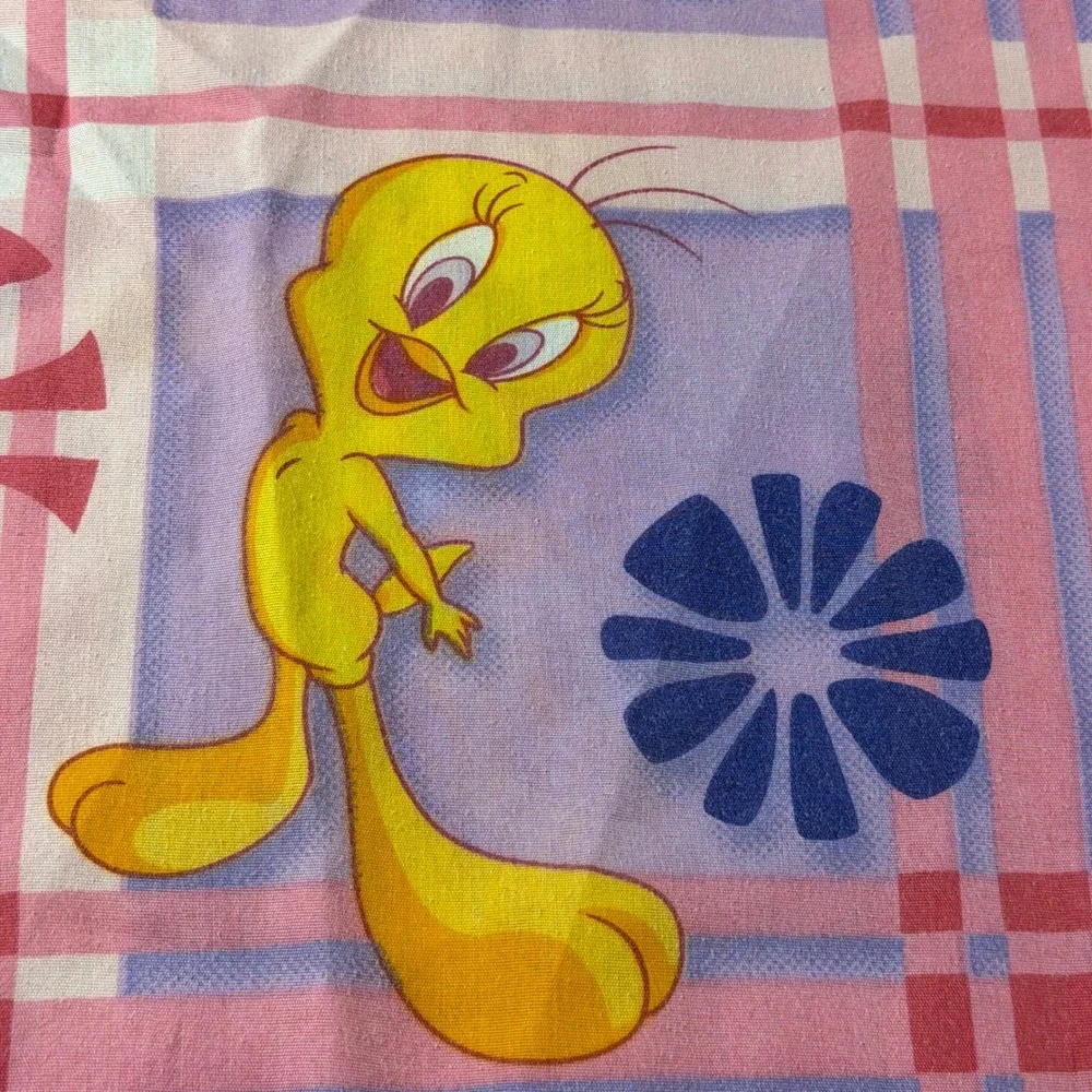 Vintage Warner Bros Tweety Bird Flat Sheet 2003 Looney Tunes Plaid Floral Purple
